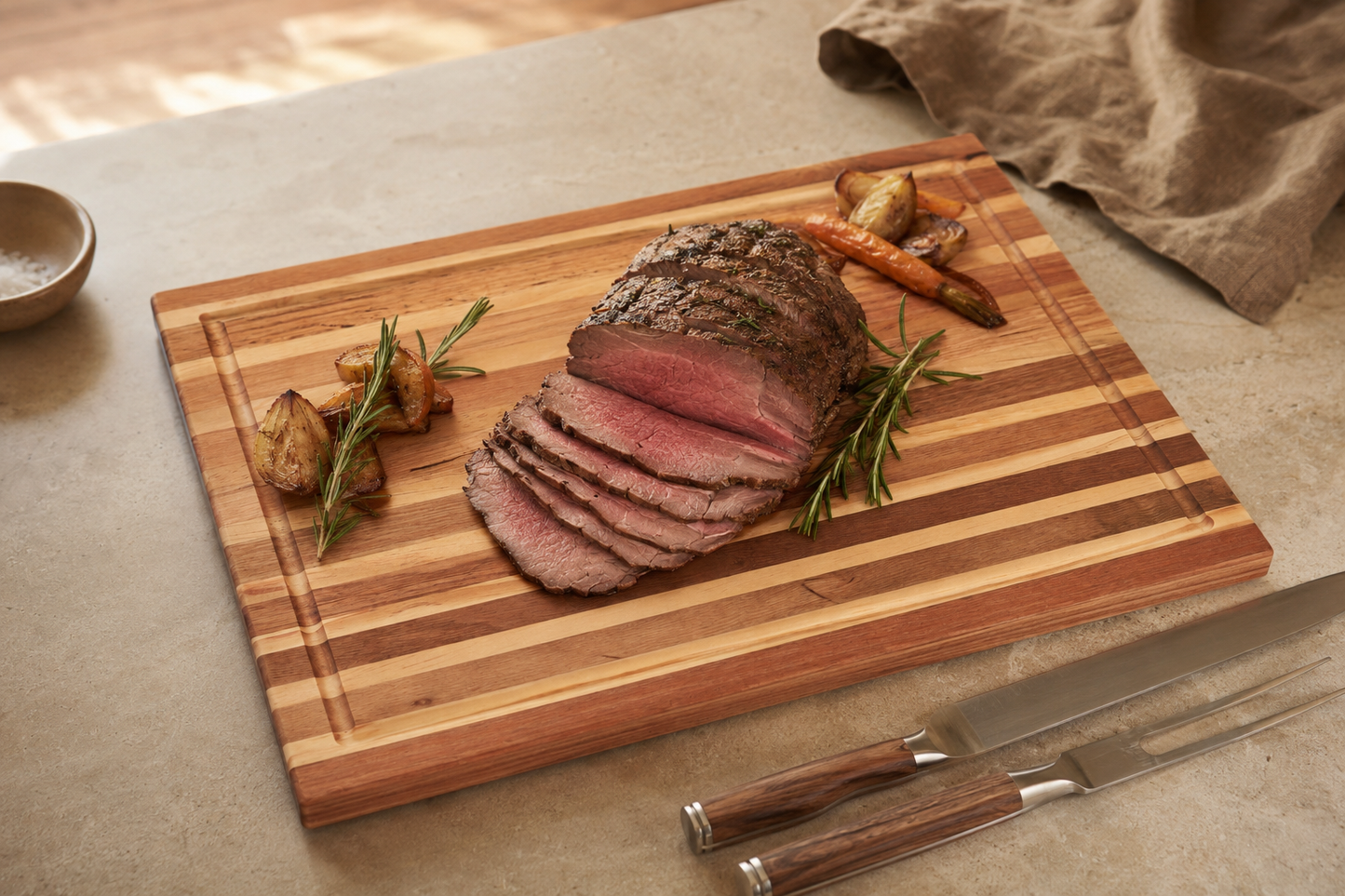 The Carving Board handcrafted Tasmanian Oak timber carving board with roast chicken