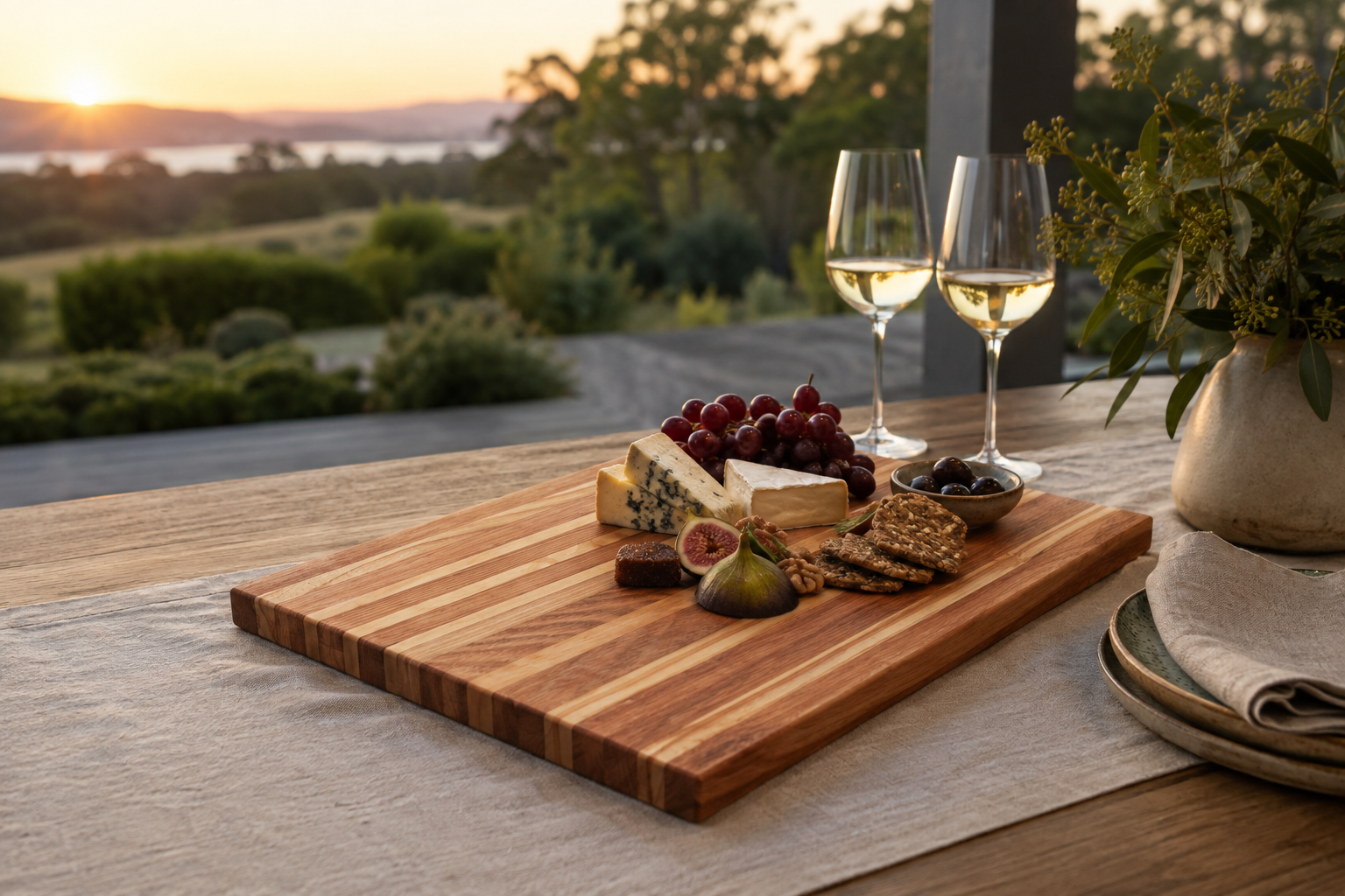 The Entertainer Board handcrafted from premium Tasmanian Oak displayed with a gourmet grazing platter, perfect for entertaining and sharing.