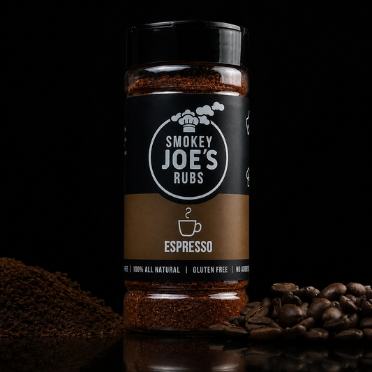 Smokey Joe's Espresso BBQ Rub in a 180 g shaker.