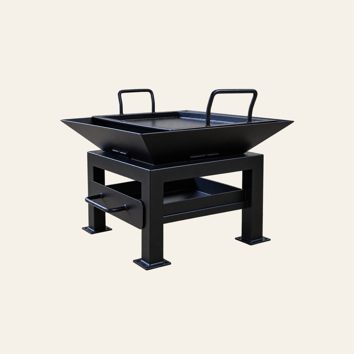 The Forge Fire Pit with hot plate, removable cooking plate, handles and steel stand