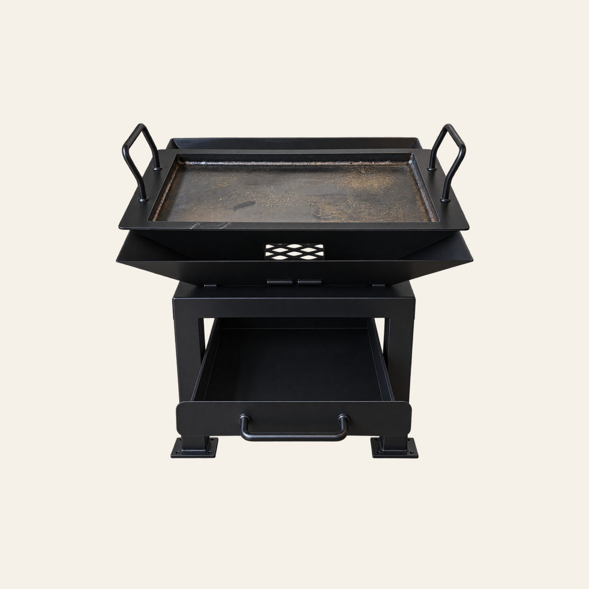 Front view of The Forge Fire Pit with hot plate and removable tray attached