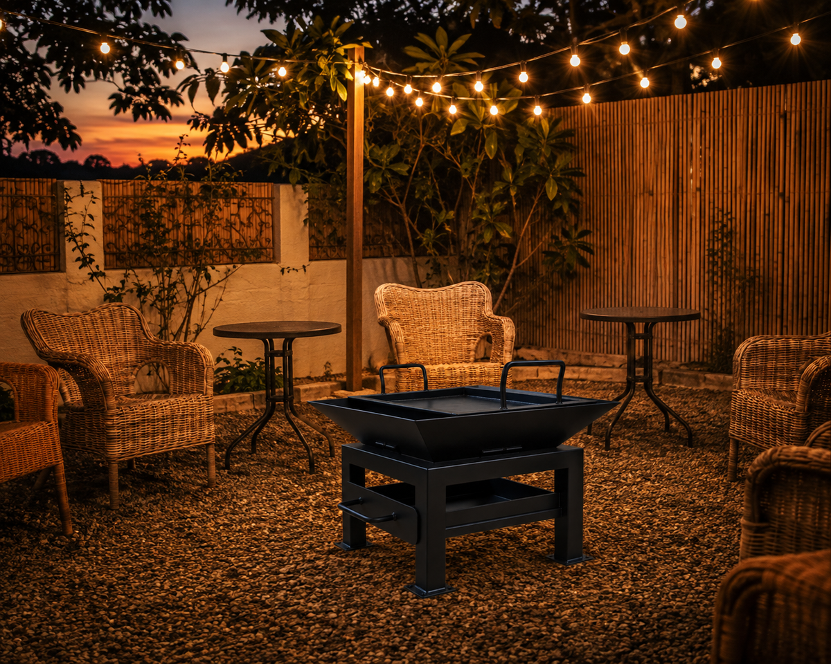 The Forge Fire Pit with hot plate in an outdoor entertaining area at sunset