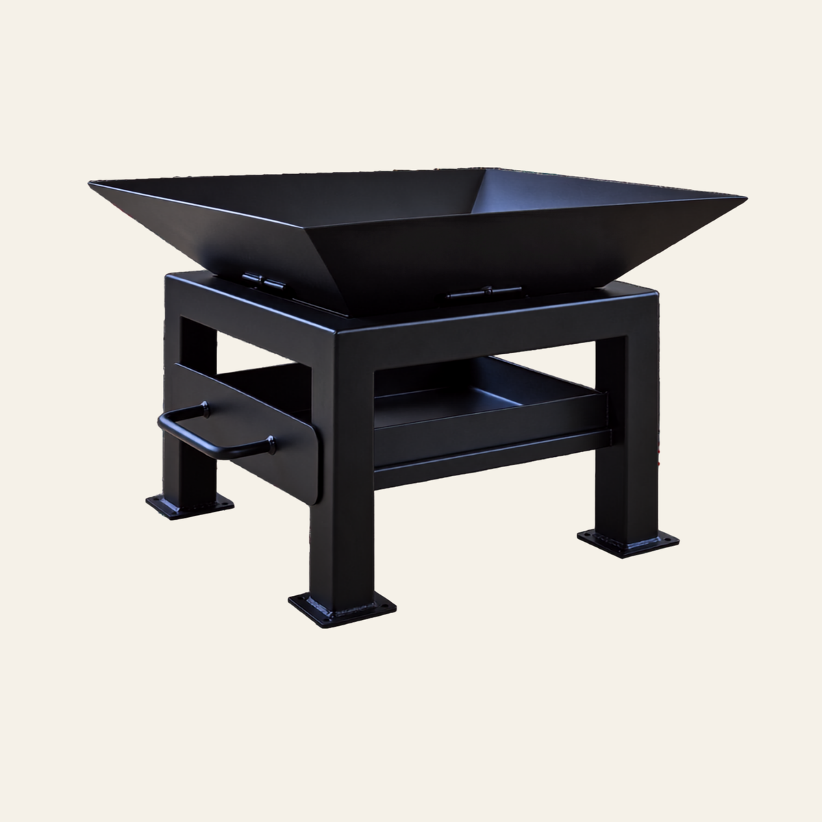 The Forge Fire Pit without hot plate showing the open fire bowl, steel stand and removable tray
