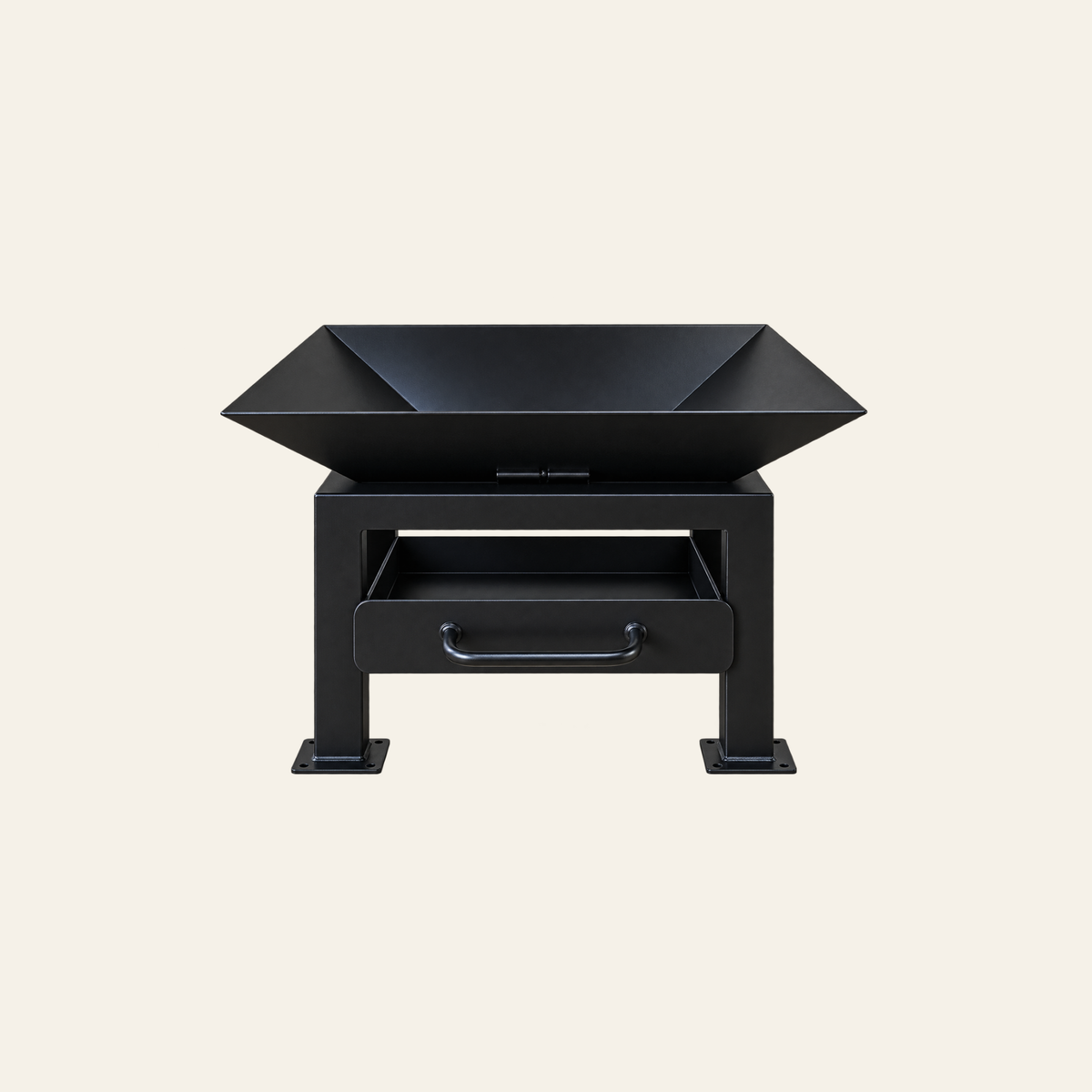 Straight front view of The Forge Fire Pit without hot plate, showing the open fire bowl and removable tray