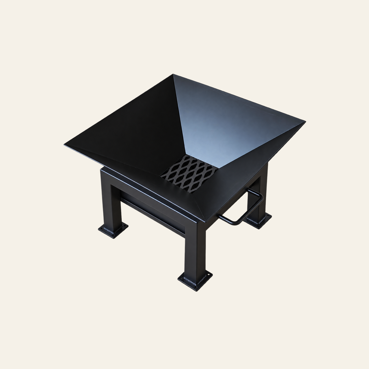 Top angled view of The Forge Fire Pit showing the open fire bowl and internal steel grate