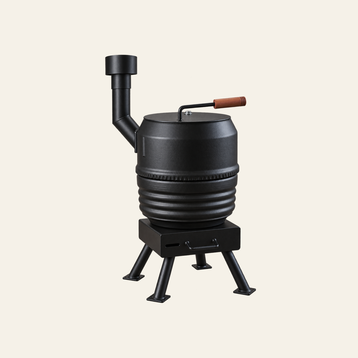 Forge Pot Belly outdoor wood fire shown from the side with chimney, timber lid handle and ash drawer.