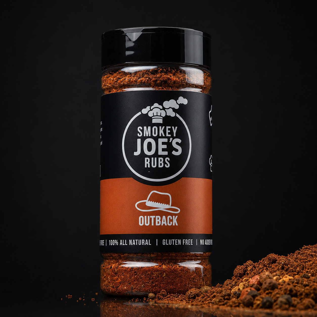 Smokey Joe's Outback seasoning in a 180 g shaker with black label on a black studio background.