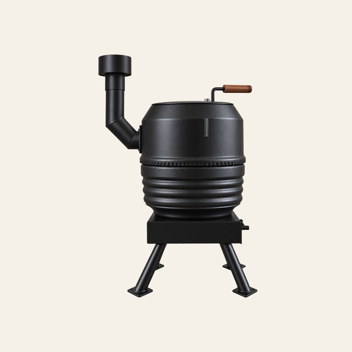 Forge Pot Belly outdoor wood fire with side chimney and timber lid handle.