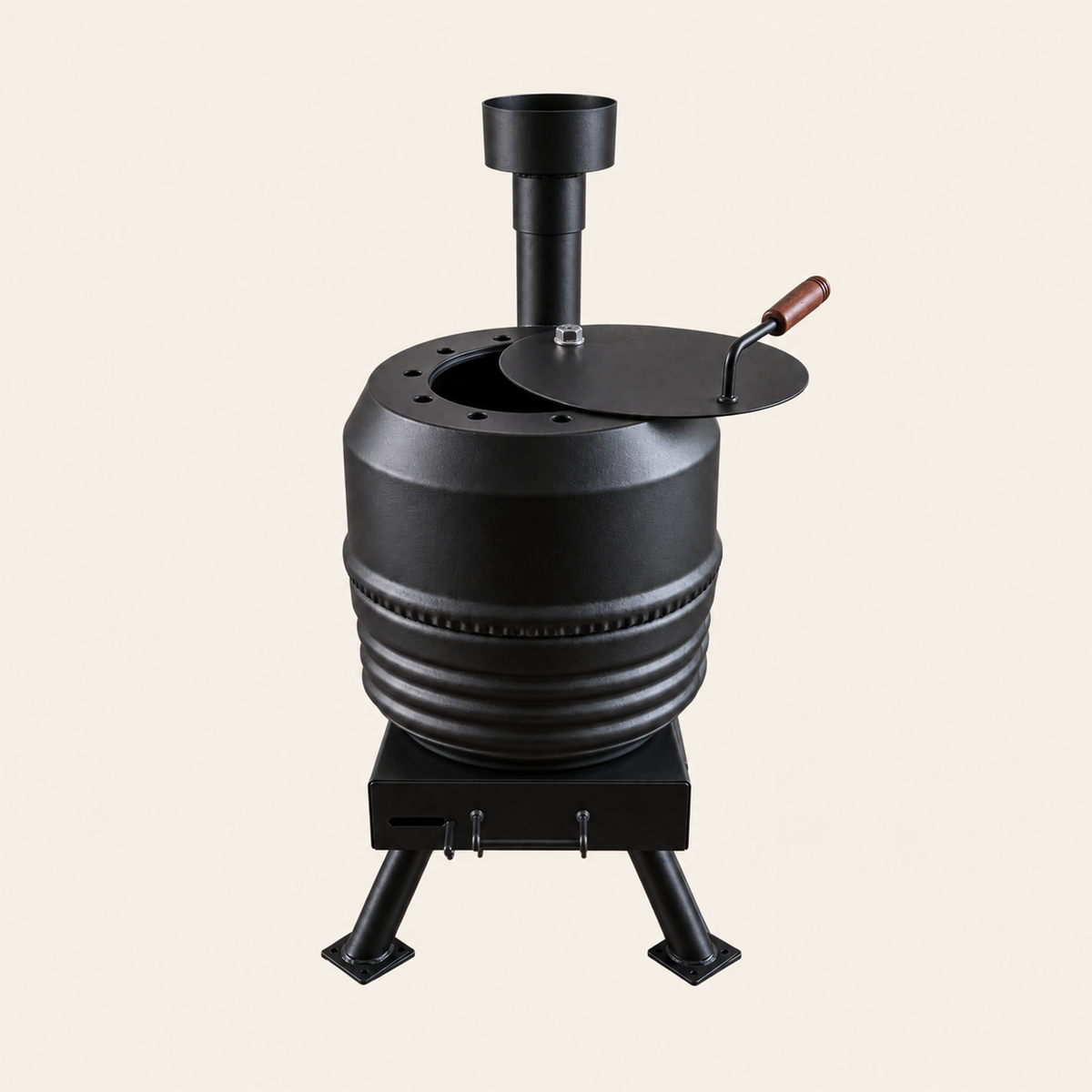 Forge Pot Belly outdoor wood fire shown from the rear with chimney and timber lid handle.