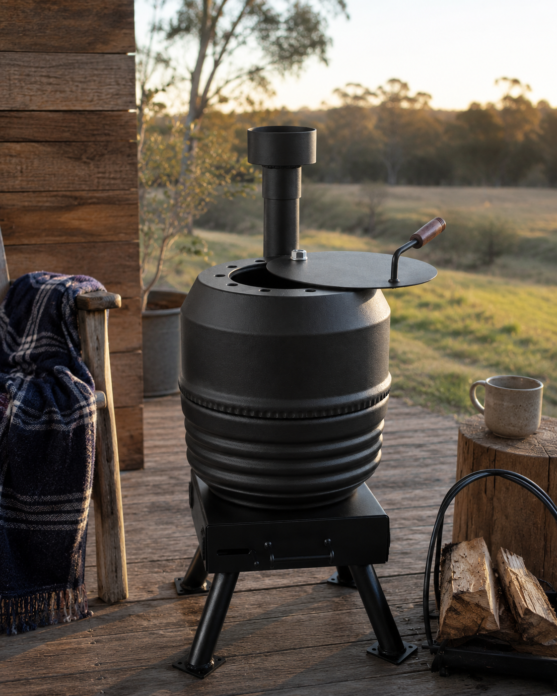Forge Pot Belly outdoor wood fire on a rustic verandah at sunset with firewood nearby.