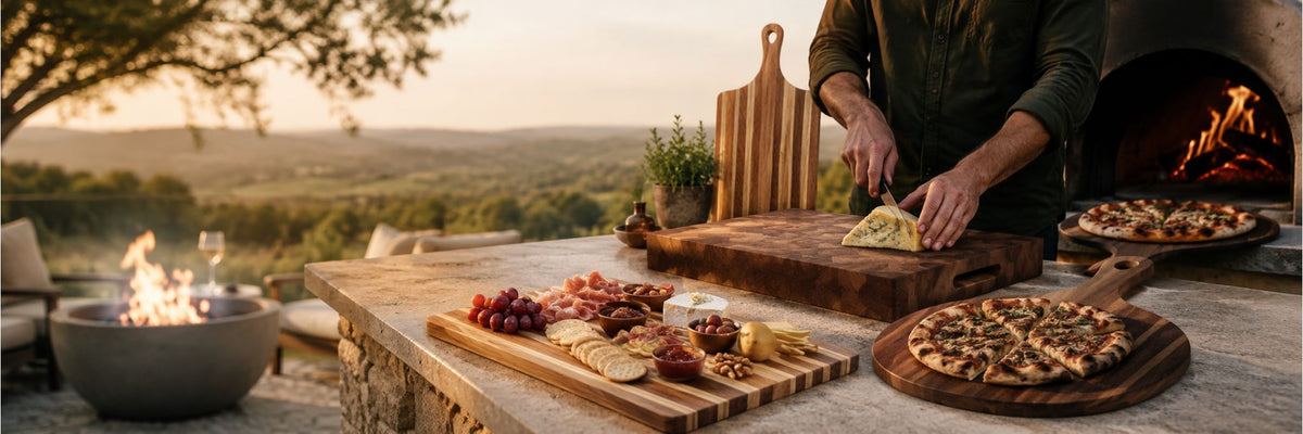 Australian timber boards and pizza paddles used for outdoor cooking and entertaining by the fire